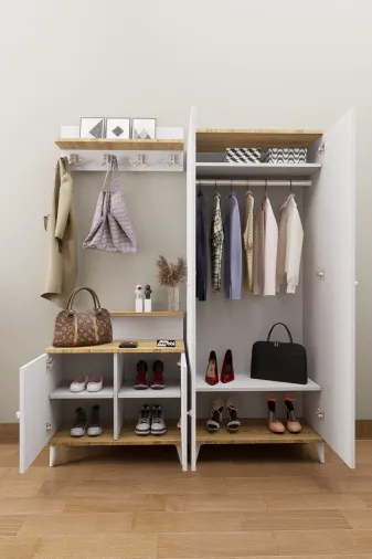 Mirobi Mrb-Lft-Vest-Tk-ByzAnt Loft Vestiyer Takımı Askılıklı 2 Kapaklı Ayakkabılık Dolabı Beyaz Çam