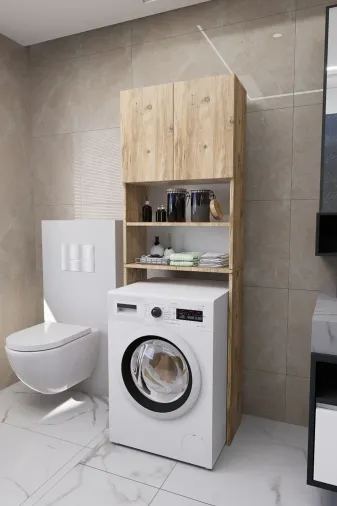 Mirobi MRB-LK-ÇMŞR-MNK-DLB Luka Çamaşır Makinesi Üstü Çok Amaçlı Banyo Dolabı Kapaklı Ve Raflı, Depolama Alanı, Çam