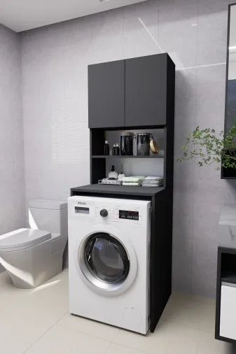 Mirobi MRB-VRN-ÇMŞ-MKN-DLP Verani Çamaşır Makinesi Dolabı Banyo Kiler Çift Kapaklı Arkalıklı Dolap Antrasit 180X65X30