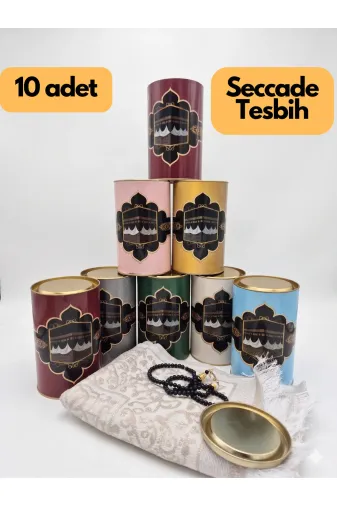 MyReal hczst003 Lüks Kabe Tasarımlı 10'lu Hediyelik Seccade Ve Tesbih Seti (Silindir Kutulu)