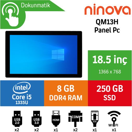 Ninova QM10H Intel Core i5 1335U 8GB 256GB SSD Freedos 18.5" Endüstriyel Panel Pc