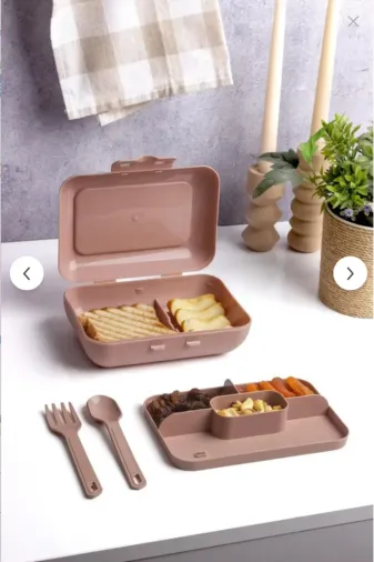 Online Kapında Mutfak-00000405 Lüks Pudra Lunch Box 2 Katlı 5 Bölmeli Kendinden Çatal Kaşıklı Beslenme Kutusu