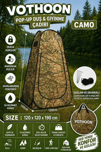 Otomatik Kabin Giyinme Çadırı 120x120x190 Cm Üst Havalandırma Yan Pencereli Duş &amp; Wc Çadırı