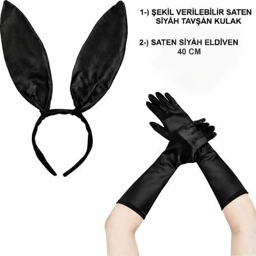 özssa 118415036 Siyah Parlak Tavşan Kulak Ve 40 Cm Parlak Siyah Eldiven Kostüm Seti