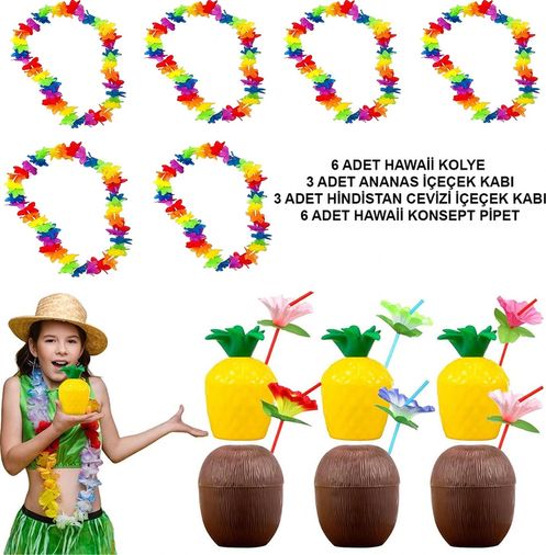 özssa 72087455 Tropikal Hawaii Parti Malzemeleri Kolye, Pipet, Bardak Seti