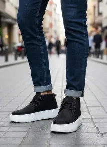 Pabucmarketi Bağcıklı İçi Kürklü Erkek Sneaker Bot SİYAH SÜET (BEYAZ TABAN)