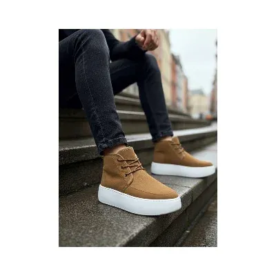 Pabucmarketi Bağcıklı İçi Kürklü Erkek Sneaker Bot TABA SÜET (BEYAZ TABAN)