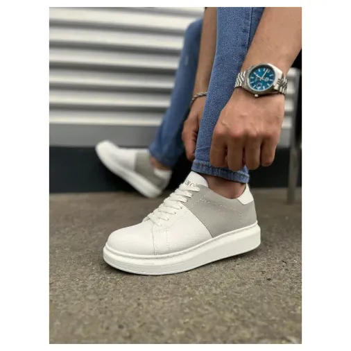 Pabucmarketi Beyaz Gri Süet Detaylı Bağcıklı Erkek Sneaker