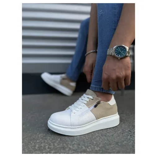 Pabucmarketi Beyaz Krem Süet Detaylı Bağcıklı Fermuarlı Erkek Sneaker