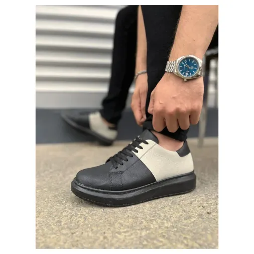 Pabucmarketi Siyah (Siyah Taban) Gri Süet Detaylı Bağcıklı Erkek Sneaker