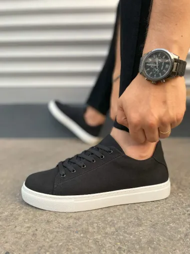 Pabucmarketi Siyah Süet (Beyaz Taban) Bağcıklı Erkek Sneaker