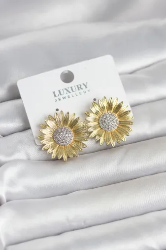 Papatya Model Zirkon Taşlı Pirinç Gold Renk Kadın Küpe TJ-BKP11779