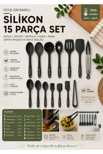 Perağ ivory_15prc_mkksk_set İvory Isıya Dayanıklı Silikon Maşa Kevgir Kepçe Spatula Kaşık Seti (30-28-22-20 Cm) 15 Parça