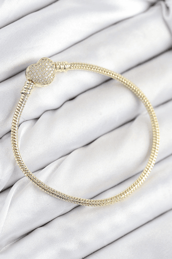 Pirinç Charm Zirkon Taşlı Kalp Model Gold Renk Kadın Bileklik