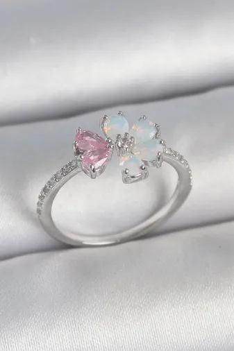 Pirinç Gümüş Renk Beyaz Mineli Pembe Zirkon Taşlı Çiçek Model Kadın Yüzük TJ-BYK3708