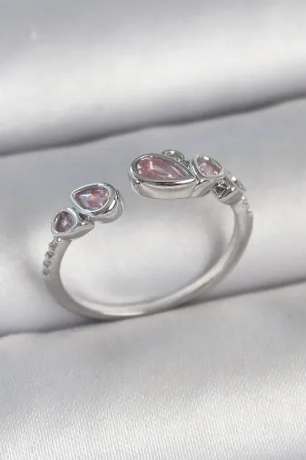 Pirinç Gümüş Renk Pembe Damla Zirkon Taşlı Ayarlanabilir Model Kadın Yüzük TJ-BYK3734