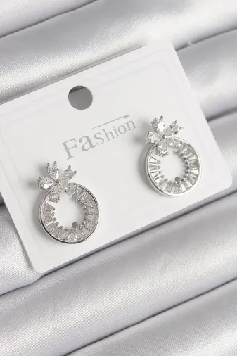 Pirinç Gümüş Renk Zirkon Taşlı Halka Model Çiçek Figür Kadın Küpe TJ-BKP9761