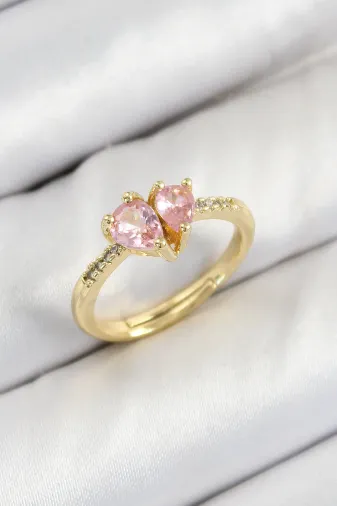Pirinç Zirkon Taşlı Pembe Kalp Model Gold Renk Kadın Yüzük TJ-BYK3802