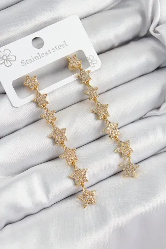 Pirinç Zirkon Taşlı Sallantılı Yıldız Model Gold Renk Kadın Küpe TJ-BKP10912