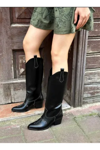 POTEEN DZ05 Ptc Cool Western Kadın Zımba Desen Kowboy Çizme-Siyah