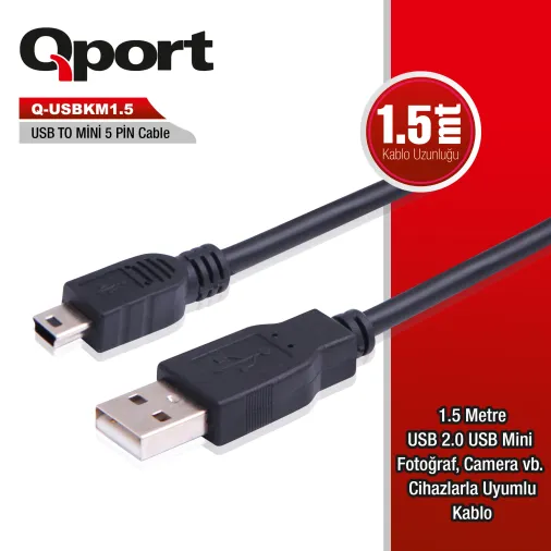Qport Q-USBKM1.5 USB 2.0 Mini USB 1.5m Data Kablo