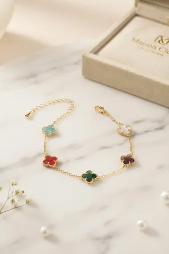 Renkli Kristal Taşlı Gold Renk Yonca Model Kadın Bileklik TJ-BB8853