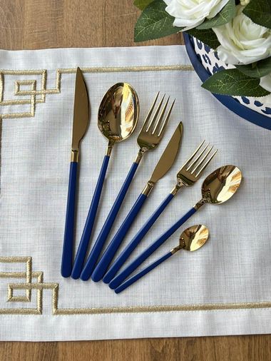 ROSSEV kaş65460466 Dali Allegra Gold Blue 42 Parça 6 Kişilik Çatal Bıçak Kaşık Takımı Çkb