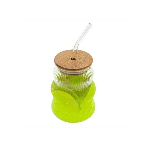 Royal Standart 57855210131132180184975 500Ml Bambu Kapaklı Cam Bardak, Cam Pipetli Silikon Kapak Contalı İnce Çizgi Desenli Sıcak Soğuk İçecekler İçin Kahve Meyve Suları Ve Çayları İçin Ergonomik Şık Tasarım Açık Ahşap