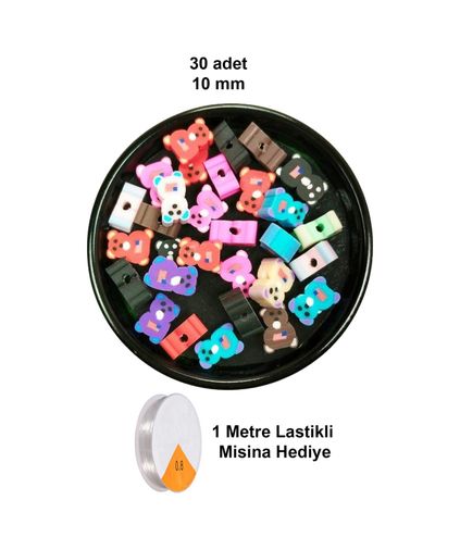 Royaleks RT-RYL-NEW31195 90 Adet 10 Mm Polimer Kil Fimo Boncuk Takı Bileklik + 5 Metre Lastikli Misina Hediye - Renkli Ayıcık