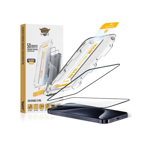 Sale 131614961 Buff, İphone 15 Serisi İle Uyumlu 5D Easyfit 2 Adet Kolay Uygulama Aparatlı Ekran Koruyucu Temperli Cam, İphone 15 Pro, Şeffaf