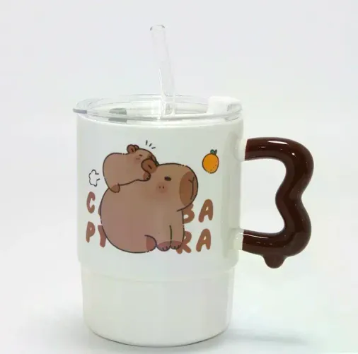 Sevimli Capybara Figürlü Kapaklı Porselen Kupa Bardak Alk5040