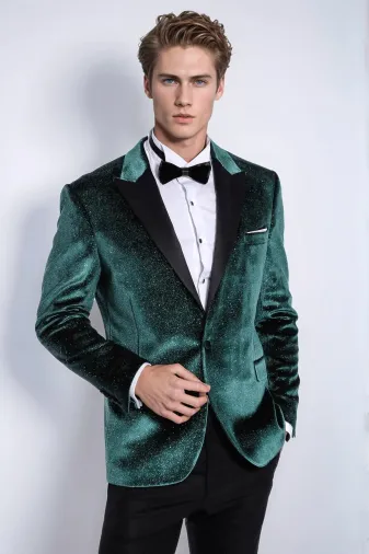 Simli Slim Fit Kadife Yeşil Erkek Smokin Ceket - Wessi