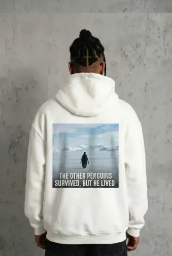Siyah Oversize Hoodie - Sırt Baskılı Survivor Penguin Temalı, Felsefi Yazılı Kapüşonlu Sweatshirt - Beyaz - M - Beyaz