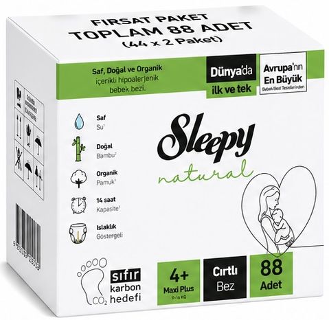 Sleepy Bebek Bezi Natural 4+ Beden (9-16 KG) Maxi Plus 88 Adet Ekonomik Fırsat Pk
