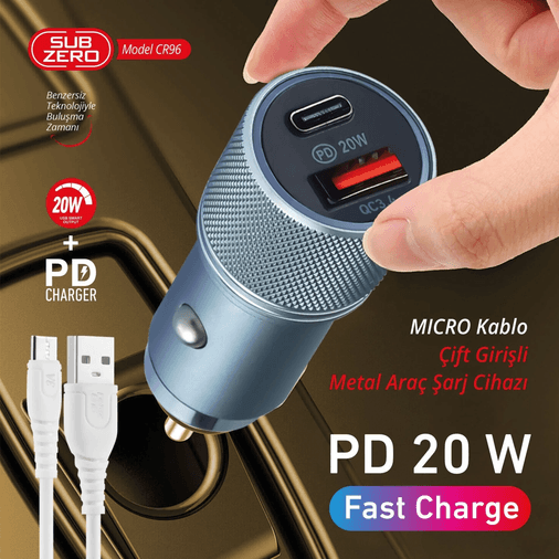 Subzero Cr96 20W 3.4A Hızlı Pd+Usb Çıkışlı Micro Araç Şarj Aleti