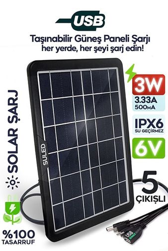SULED 3w Tablet Şarj Ünitesi 3W Güneş Enerjili Solar Usb Şarj Paneli 6V 5 Uçlu Usb Çıkışlı 2A Telefon Tablet Şarj Ünitesi