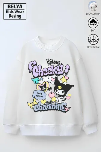 Tam Kalıp Oversize Kız Çocuk Pamuğa Pamuk 3 İplik Kumaş Karakter Tasarım Sweatshirt