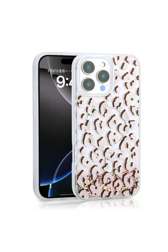 Techaks T35564-TCHS Iphone 14 Pro Max Kılıf Sıvılı Simli Baskılı Şeffaf Arka Yüzey Zore Mossa Silikon Kapak - Pembe