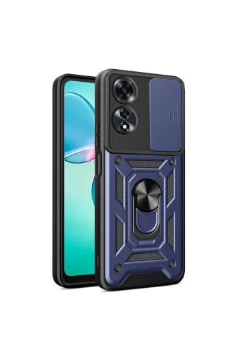 Techaks TCHS34623 Oppo A60 Uyumlu Magnetik Standlı Kamera Korumalı Zore Sürgülü Vega Kapak-Mavi