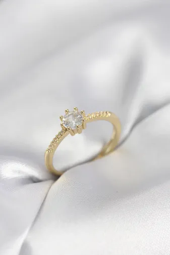 Tek Taş Model Gold Renk Zirkon Taşlı Kadın Yüzük TJ-BYK4088
