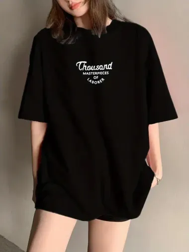 Thousand Baskılı Oversize Bisiklet Yaka T-shirt - Siyah - S - Siyah