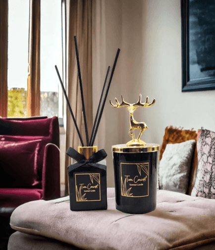 Tiem Concept 1611268742509 Yılbaşı Geyik Başlıklı Gold Detaylı 100 Ml Oda Kokusu Ve Siyah Mum Seti
