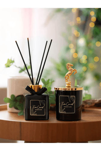 Tiem Concept 2021155 Dekoratif At Başlıklı Gold Detaylı Çubuklu Oda Kokusu 100 Ml Ve Siyah Bardak Mum Seti