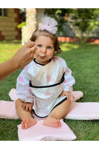 Timburly mamaönlükpembe Baskılı Sıvı Geçirmez Leke Tutmaz Kolay Silinebilir Kolluklu Mama Önlüğü
