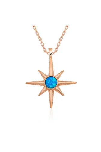 Toptan Bulurum YG-090212T5263 Gümüş Rose Mavi Opal Taşlı Kutup Yıldızı Kolye