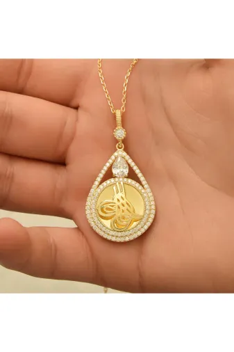 Toptan Bulurum YG-090212T7872 Gümüş Gold Kaplama Damla Tuğralı Kadın Kolye
