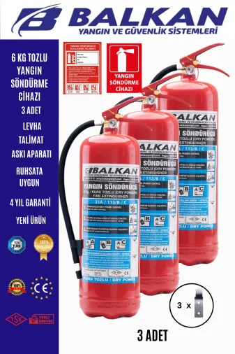 TOZ12 6 Kg Ruhsata Uygun 4 Yil Tozlu Yangin Tüpü 3 Adet Set (Talimat-Levha-Aski)
