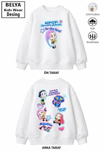 Trend Çocuk Kız Model Tam Kalıp Oversize Ön Arka Baskılı Hun 2 İplik Pamuğa Pamuk Kumaş Sweatshirt 1