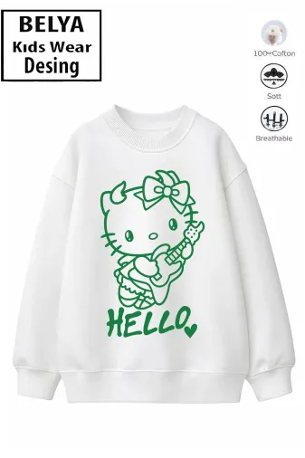 Trend Çocuk Kız Model Tam Kalıp Oversize Sevimli Hello Tasarım 2 İplik Pamuğa Pamuk Kumaş Sweatshirt