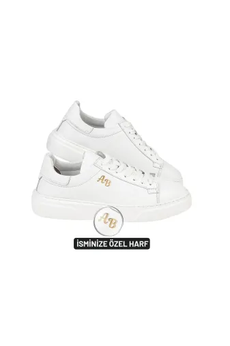 twingold AA05001 Kalın Ortopedik Tabanlı %100 Deri Sneaker Spor Ayakkabı - Beyaz